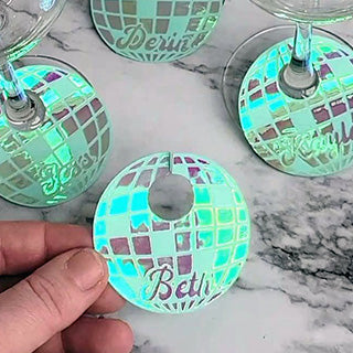 New Years Disco Ball Wine Glass Charms Using Cricut Holographic Iron-on Vinyl