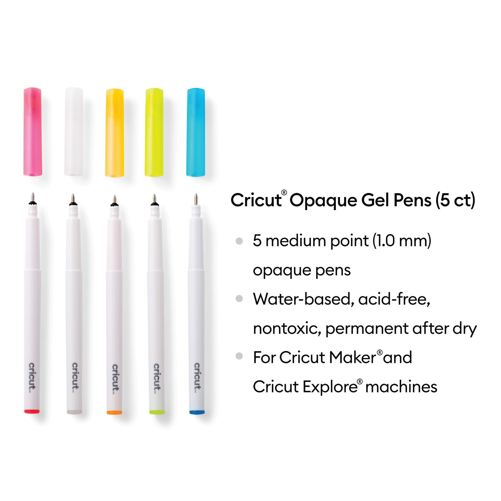 Cricut Opaque Gel Pens 1.0 mm, Pink, White, Orange, Yellow, Blue