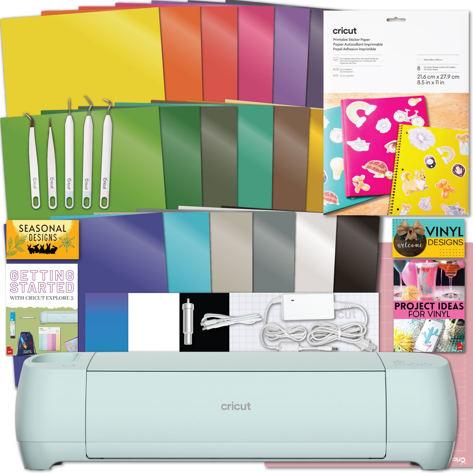 Cricut Explore 3 Cutting Machine with Printable Sticker Paper and Vinyl Sampler Bundle