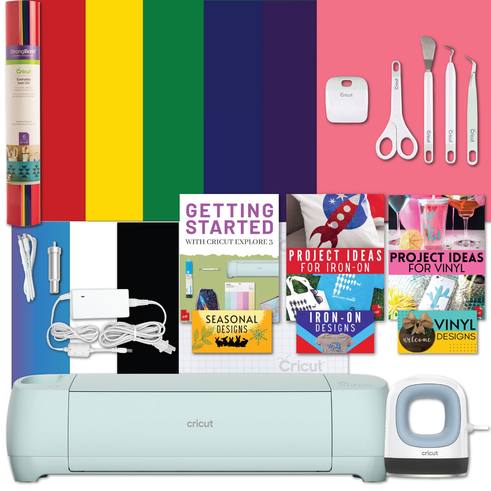 Cricut Explore 3 Craft Cutting Machine, Mini Heat Press and Rainbow Iron-on Vinyl Bundle