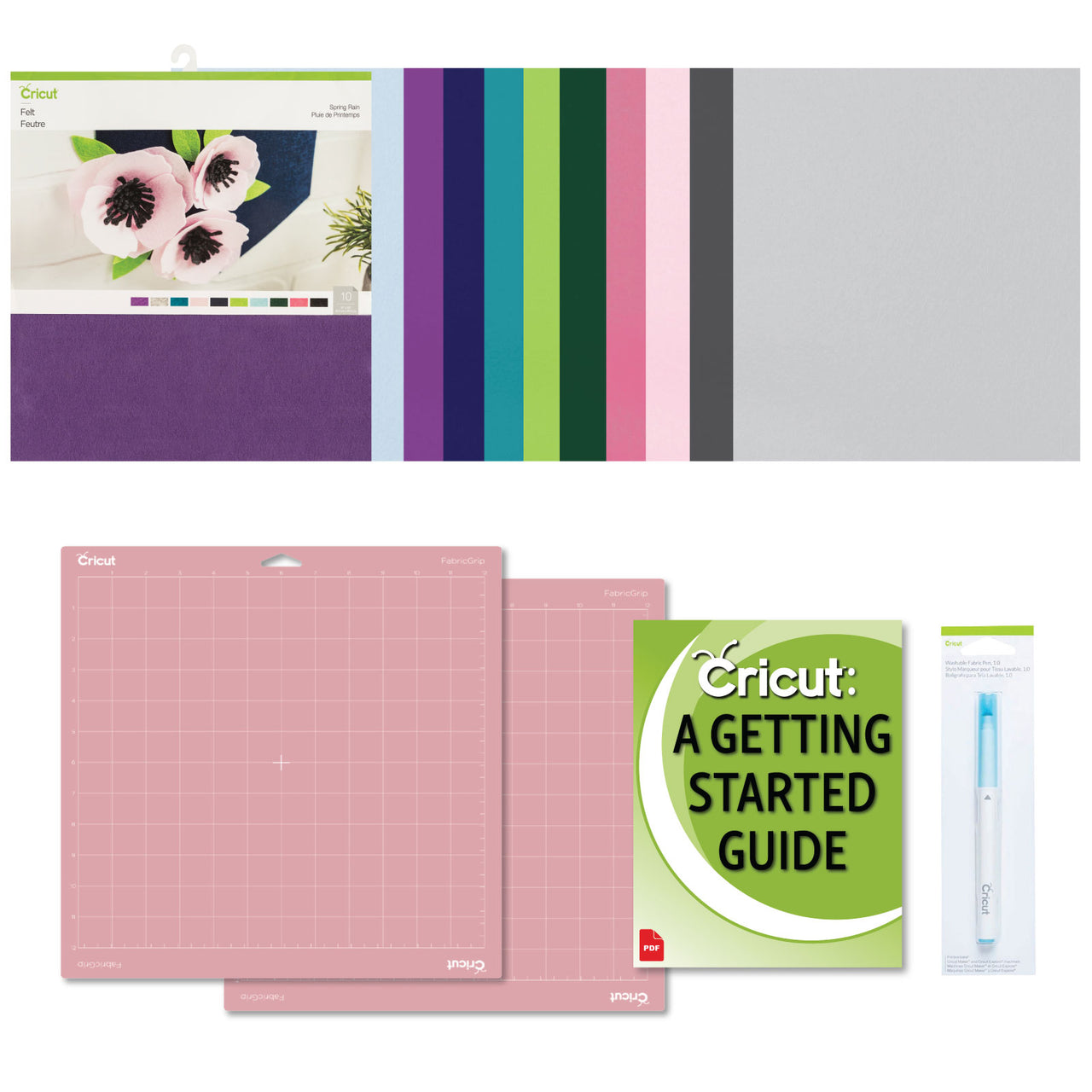 Cricut Fabric Grip Cutting Mat, Washable Fabric Pen and Spring Rain Felt Sampler Pack Bundle