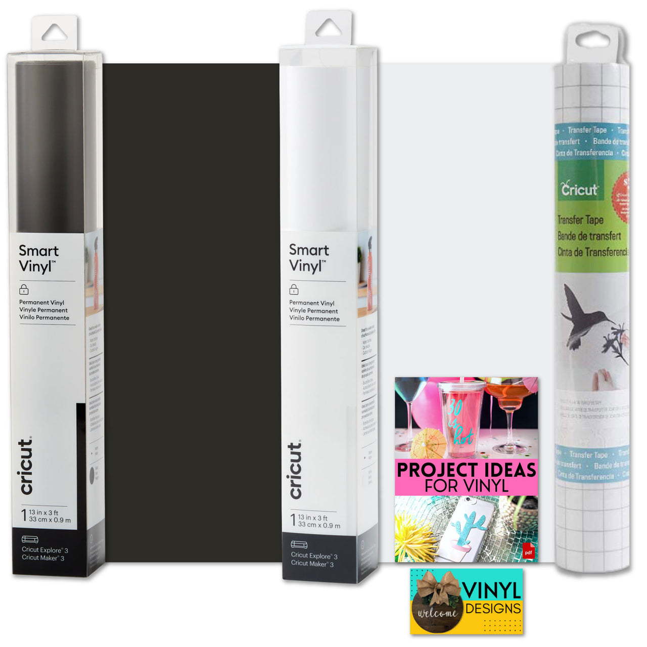 Cricut Smart Permanent Vinyl Tuxedo Bundle - 3ft Adhesive Vinyl Rolls