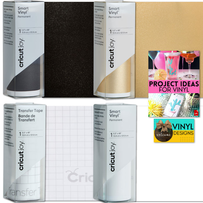 Cricut Joy Smart Permanent Vinyl Roll Bundle, Shimmer Gold, Black and White